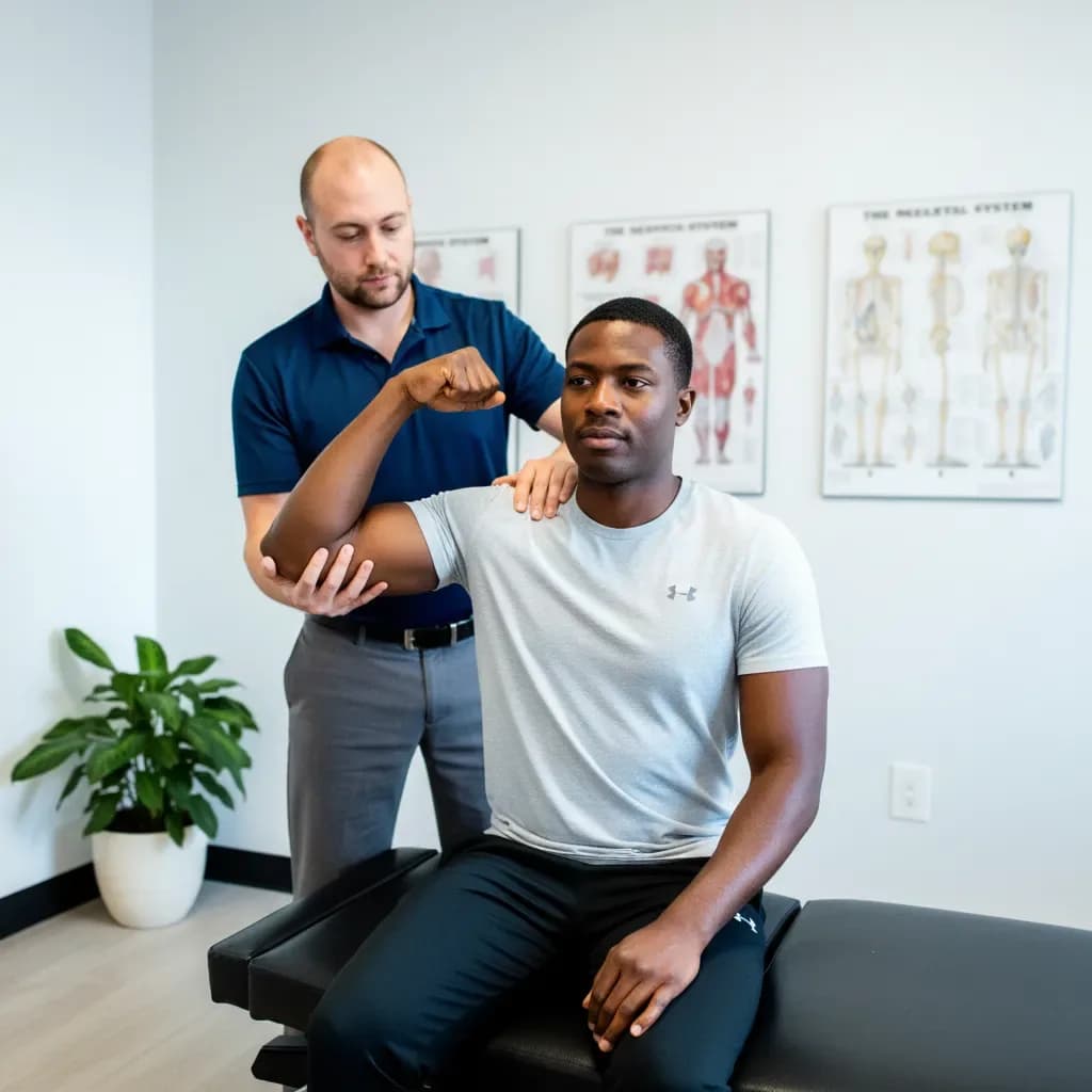 Intake movement assessment, clinician guiding patient through test positions — Back In Balance Clinic, downtown Toronto