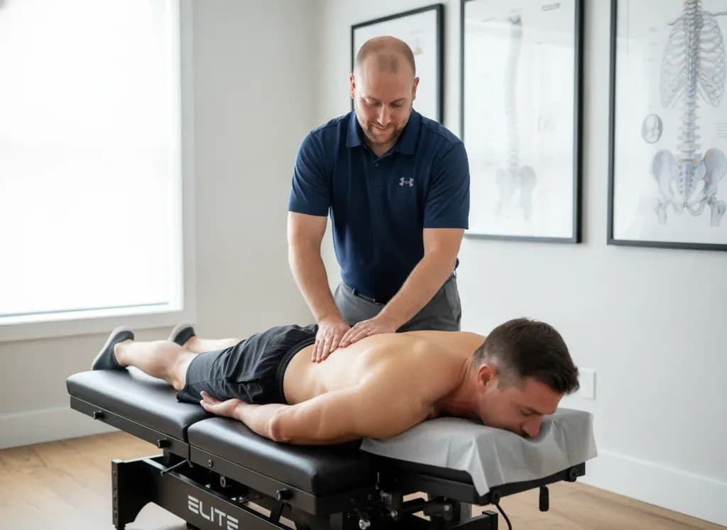 Chiropractor adjusting a male Caucasian patient lumbar spine — Back In Balance Clinic, downtown Toronto