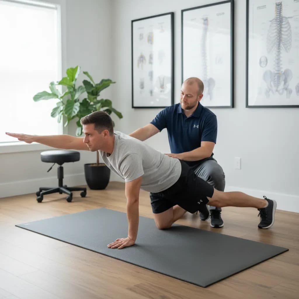 Male patient doing a bird-dog core rehab exercise on a mat, clinician coaching — Back In Balance Clinic, downtown Toronto