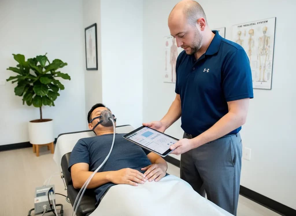 Male Asian patient reclining calmly under a metabolic canopy/mask at rest, clinician monitoring; plant in room — Back In Balance Clinic, downtown Toronto