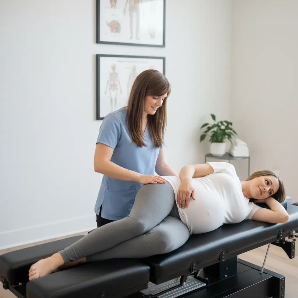 Gentle side-lying pregnancy-safe assessment, Lisa hands on the patient hip/pelvis — Back In Balance Clinic, downtown Toronto