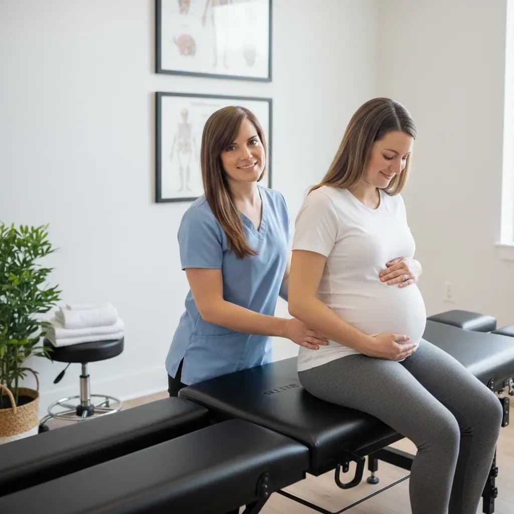 Pregnant patient standing while Lisa assesses posture/pelvic alignment from behind — Back In Balance Clinic, downtown Toronto