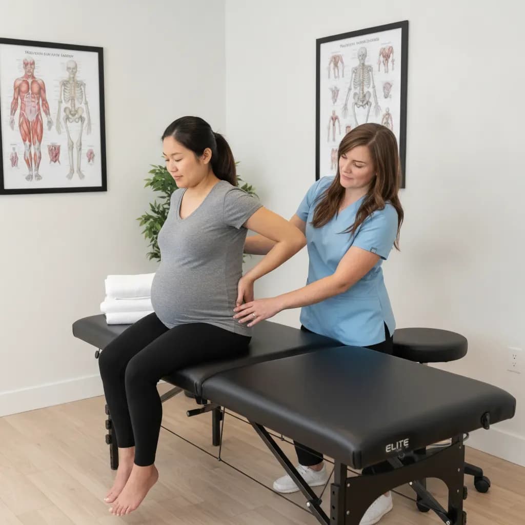 Lisa supporting a pregnant patient through a gentle seated pelvic-mobility movement — Back In Balance Clinic, downtown Toronto