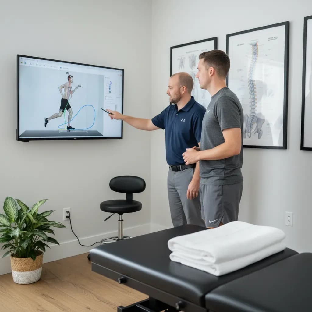Clinician reviewing the gait report on a screen with the runner, pointing at data — Back In Balance Clinic, downtown Toronto