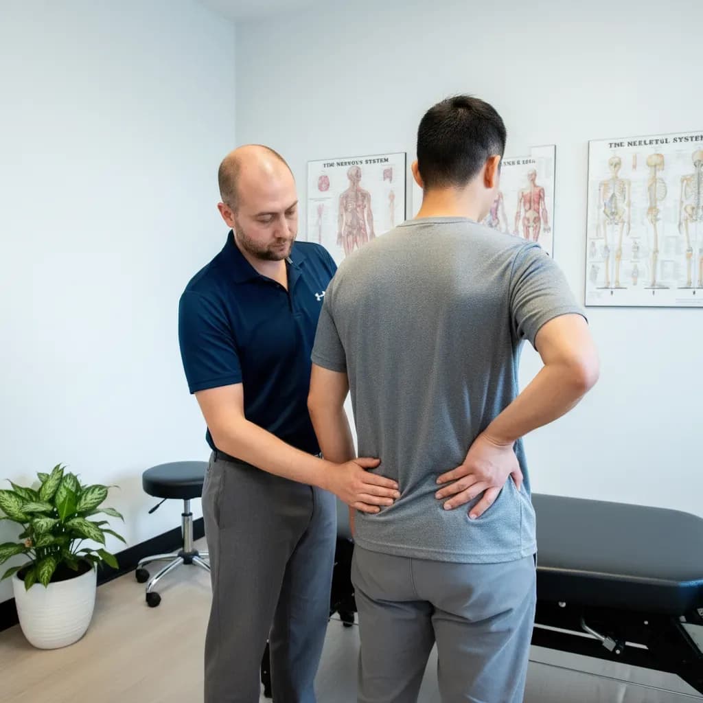 Patient indicating one-sided pain at the base of the spine/buttock, clinician palpating — Back In Balance Clinic, downtown Toronto