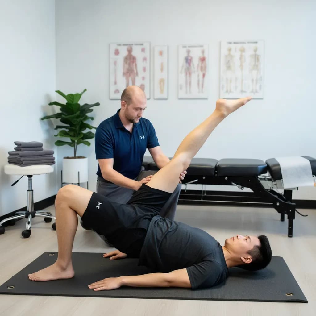 Patient doing a glute/hip-stability exercise, clinician guiding — Back In Balance Clinic, downtown Toronto