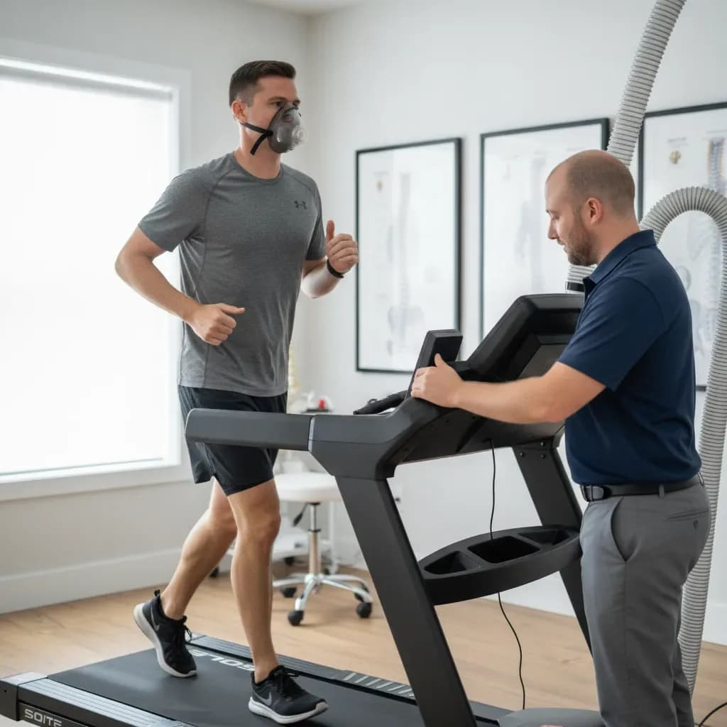 Patient mid-effort on the treadmill with mask, clinician adjusting intensity — Back In Balance Clinic, downtown Toronto