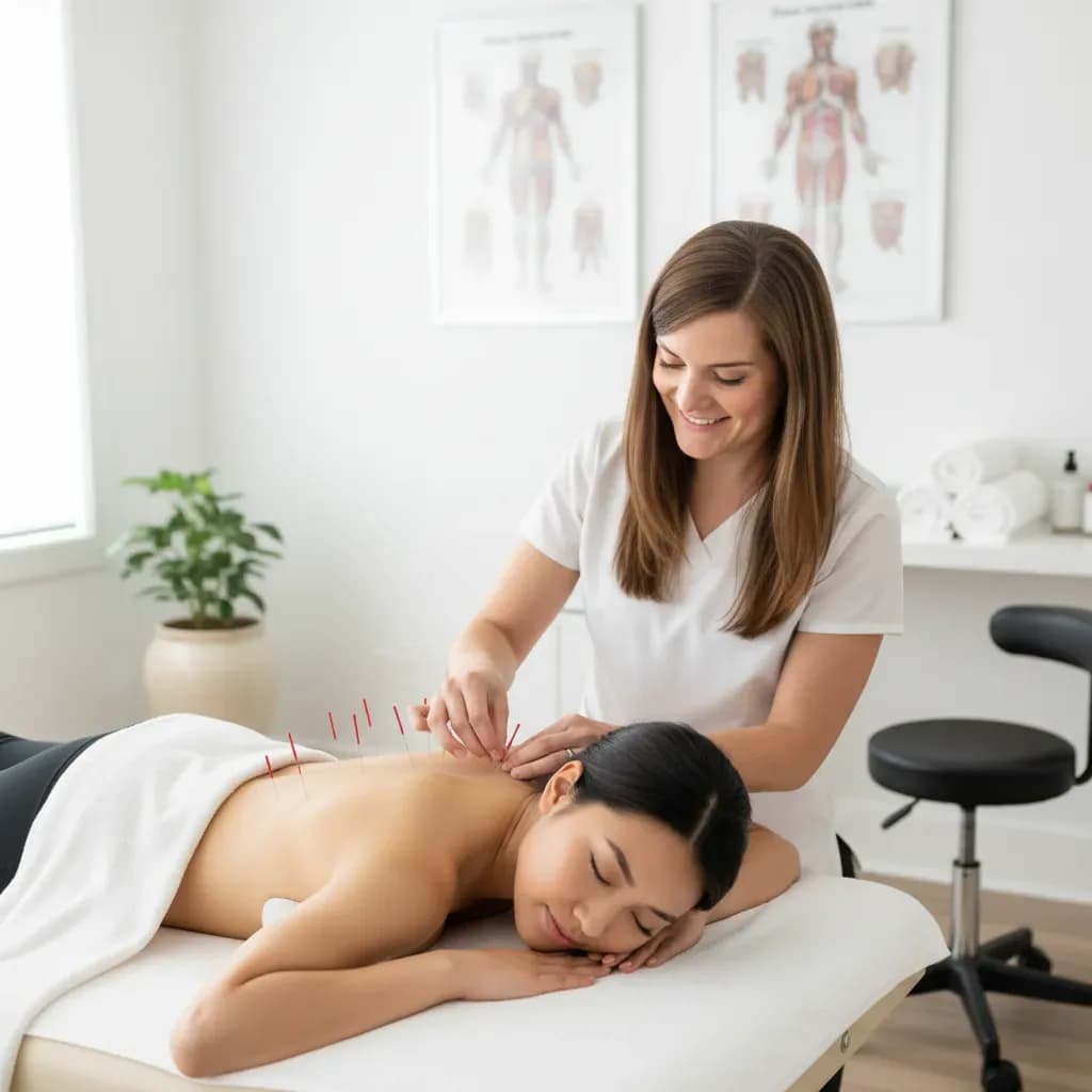 Patient relaxed with needles in place, calm room, clinician adjusting a needle — BACK IN BALANCE Clinic, downtown Toronto