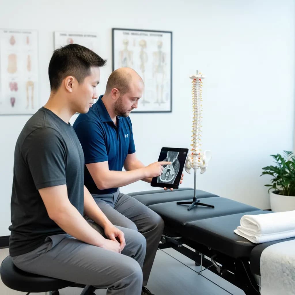 Chiropractor reviewing spine imaging/triage notes with a seated male patient, pointing at a spine model or tablet — BACK IN BALANCE Clinic, downtown Toronto