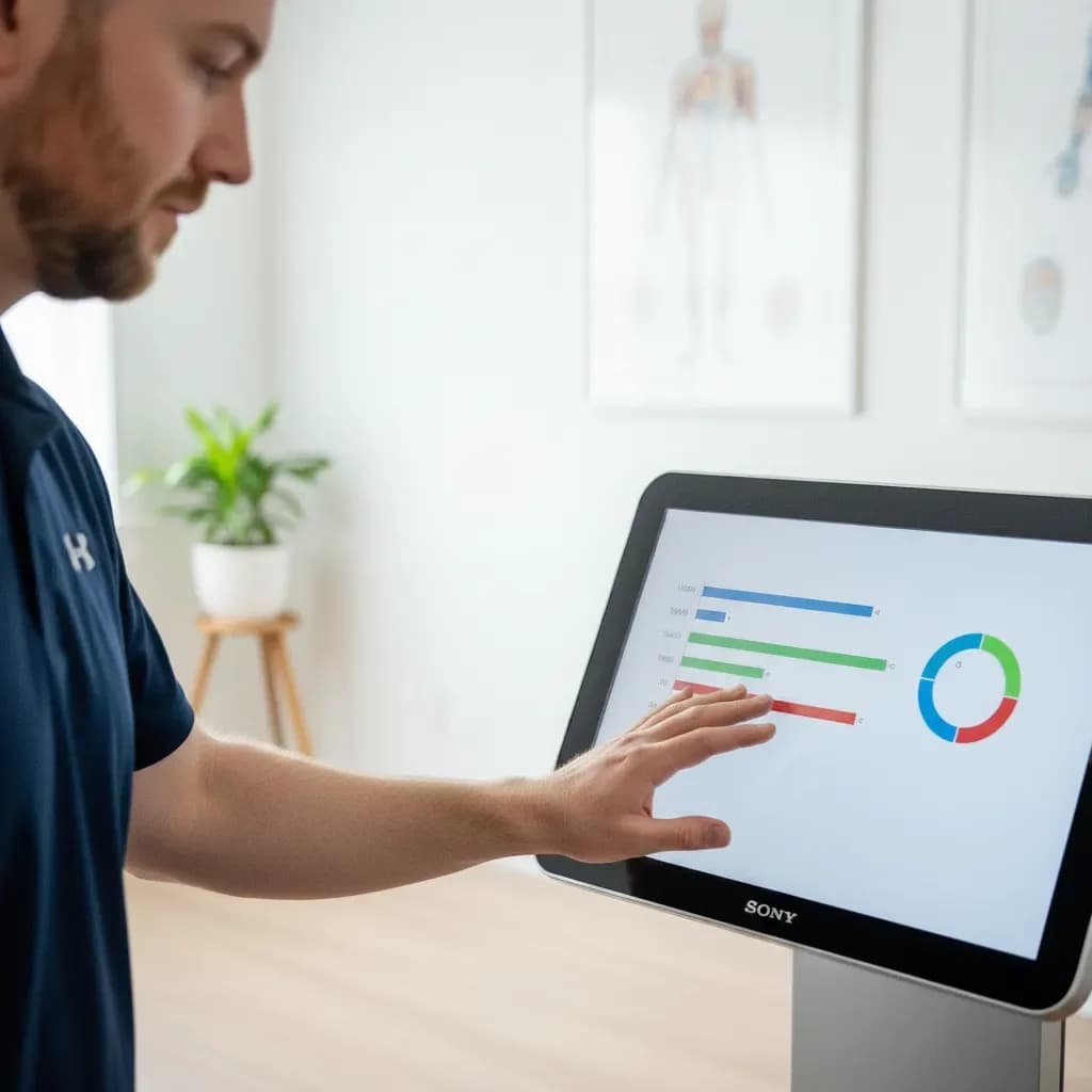 Close-up of the body-composition device screen with lean-mass/fat breakdown — BACK IN BALANCE Clinic, downtown Toronto