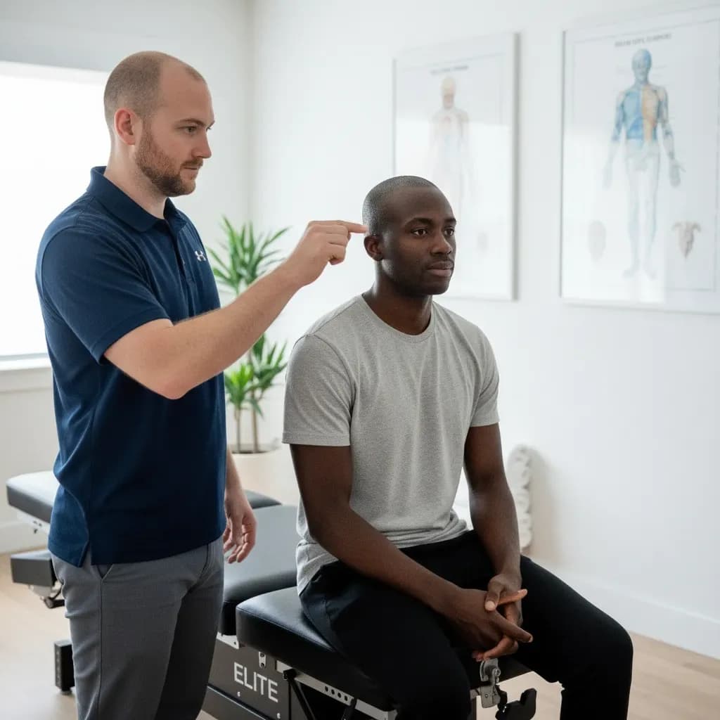 Oculomotor tracking test, clinician moving a target across patient vision — BACK IN BALANCE Clinic, downtown Toronto