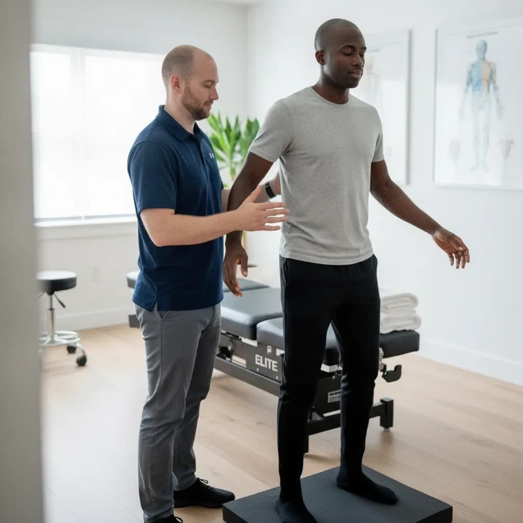 Clinician performing a balance/neuro test, patient standing eyes closed — BACK IN BALANCE Clinic, downtown Toronto