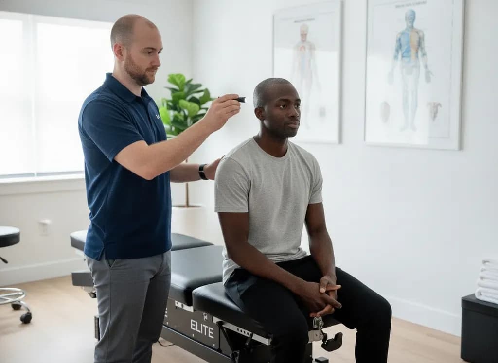 Vestibular/oculomotor concussion assessment, penlight eye-tracking on a male Black patient — BACK IN BALANCE Clinic, downtown Toronto