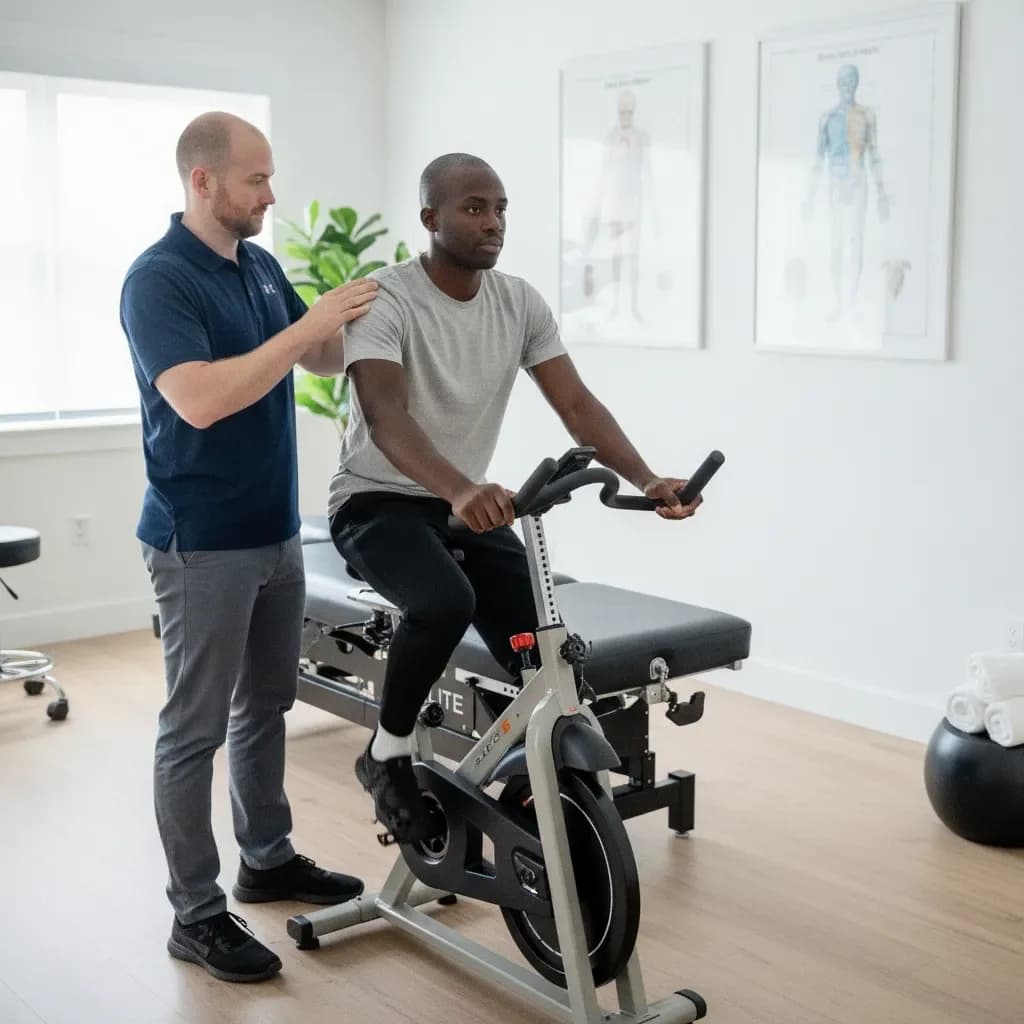 Patient on a light stationary bike during graded return, clinician monitoring — BACK IN BALANCE Clinic, downtown Toronto
