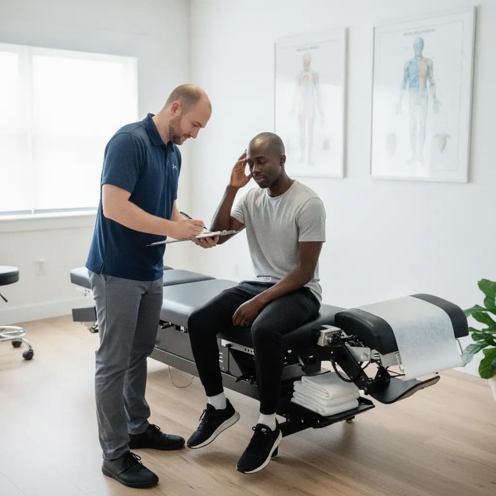 Patient describing symptoms while clinician notes; empathetic — BACK IN BALANCE Clinic, downtown Toronto