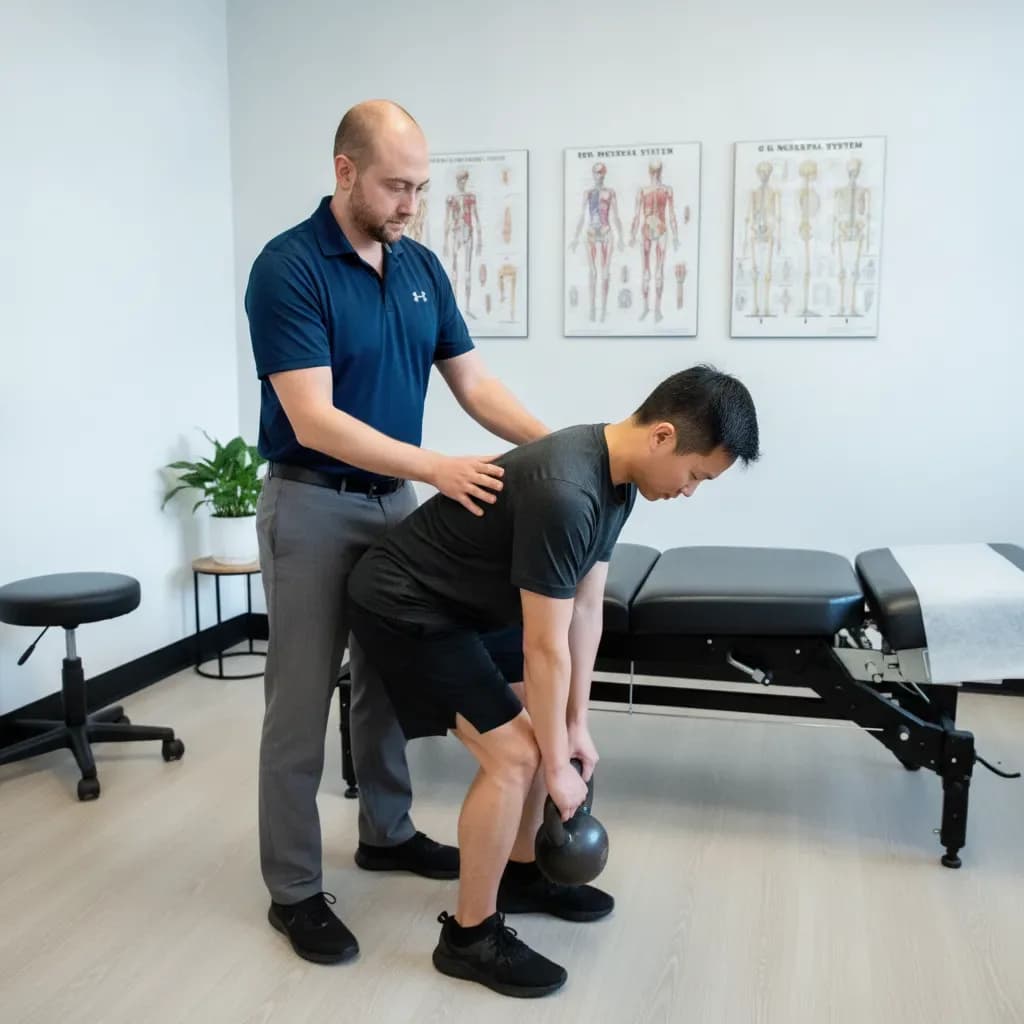 Clinician demonstrating safe lifting/loading mechanics with the patient — BACK IN BALANCE Clinic, downtown Toronto