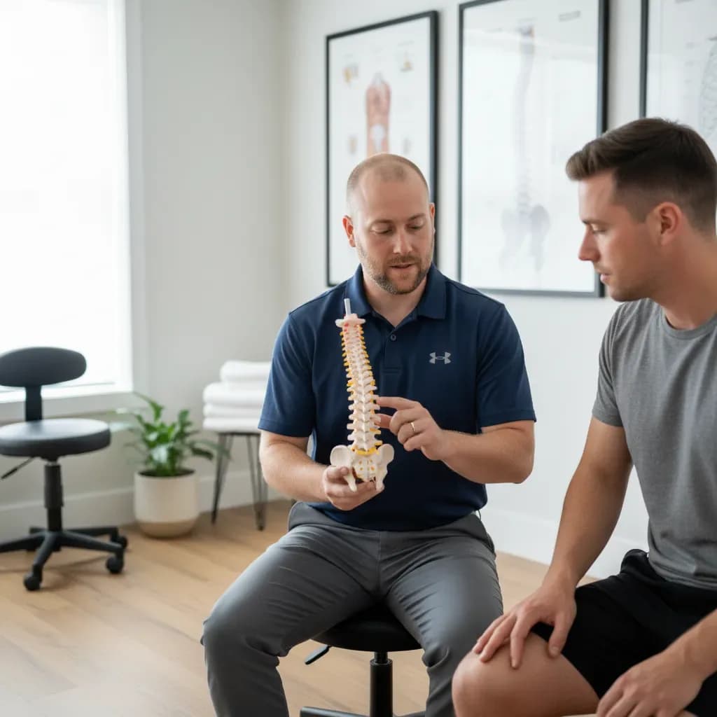 Clinician explaining lumbar anatomy on a spine model to the patient — BACK IN BALANCE Clinic, downtown Toronto