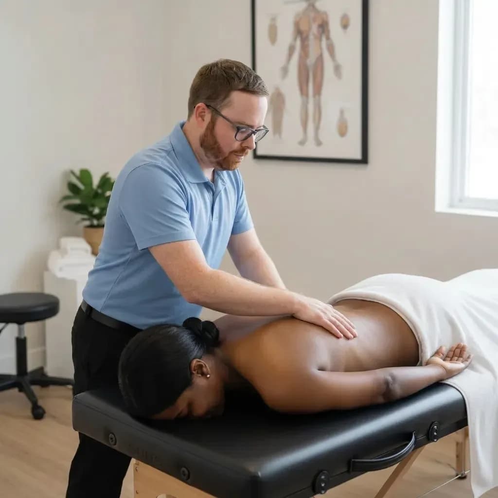 Michael O'Brien, RMT, applying slow, sustained myofascial release to a patient's mid-back — BACK IN BALANCE Clinic, downtown Toronto