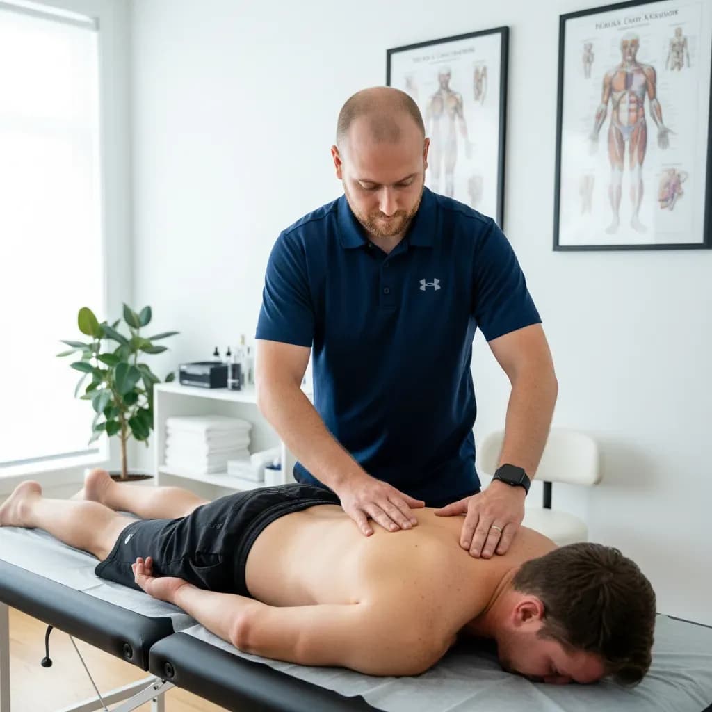 Practitioner assessing a patient spine alignment, thoughtful hands-on evaluation — BACK IN BALANCE Clinic, downtown Toronto