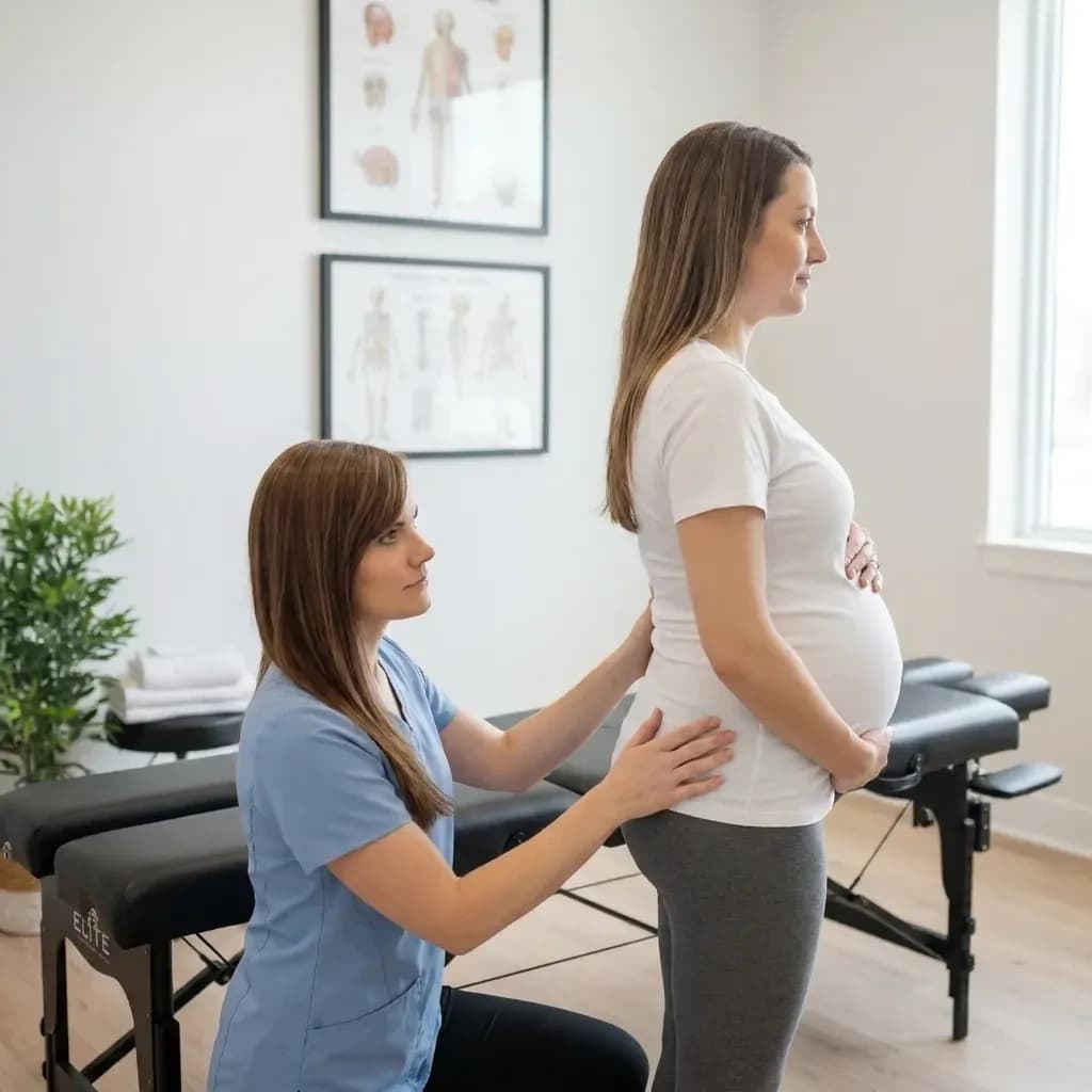 Dr. Lisa Clarke assessing a standing pregnant patient's posture and pelvic alignment from behind — BACK IN BALANCE Clinic, downtown Toronto