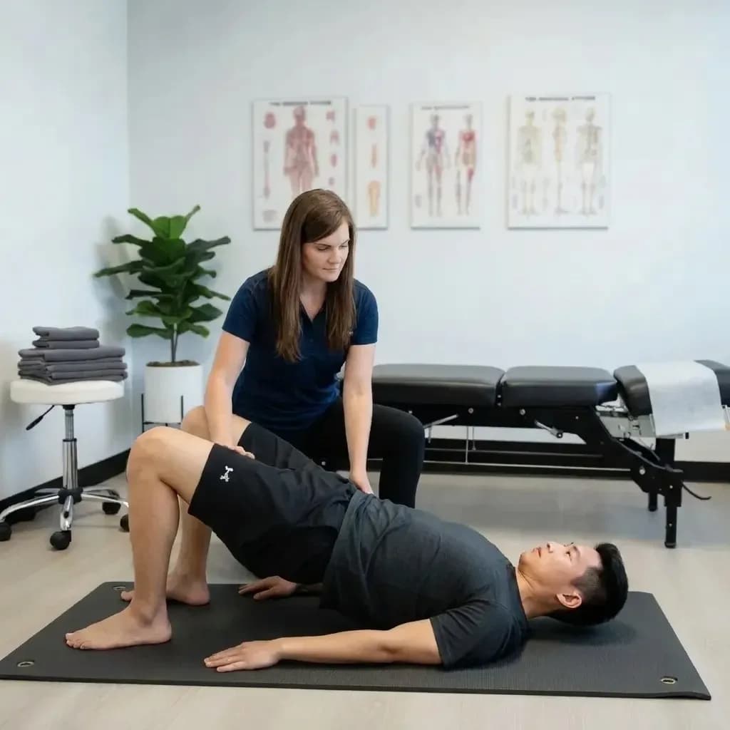 Dr. Lisa Clarke guiding a patient through a glute-bridge hip-stability exercise on the mat — BACK IN BALANCE Clinic, downtown Toronto