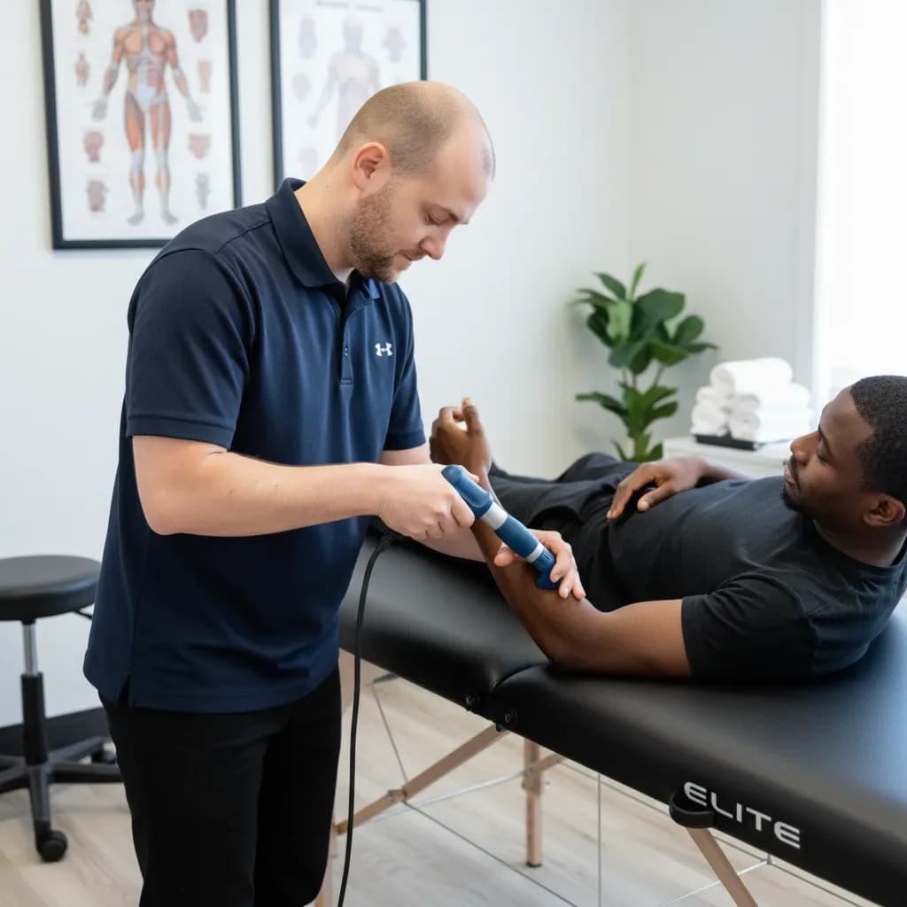 Close-up of the blue Storz shockwave handpiece on an elbow/forearm tendon — BACK IN BALANCE Clinic, downtown Toronto