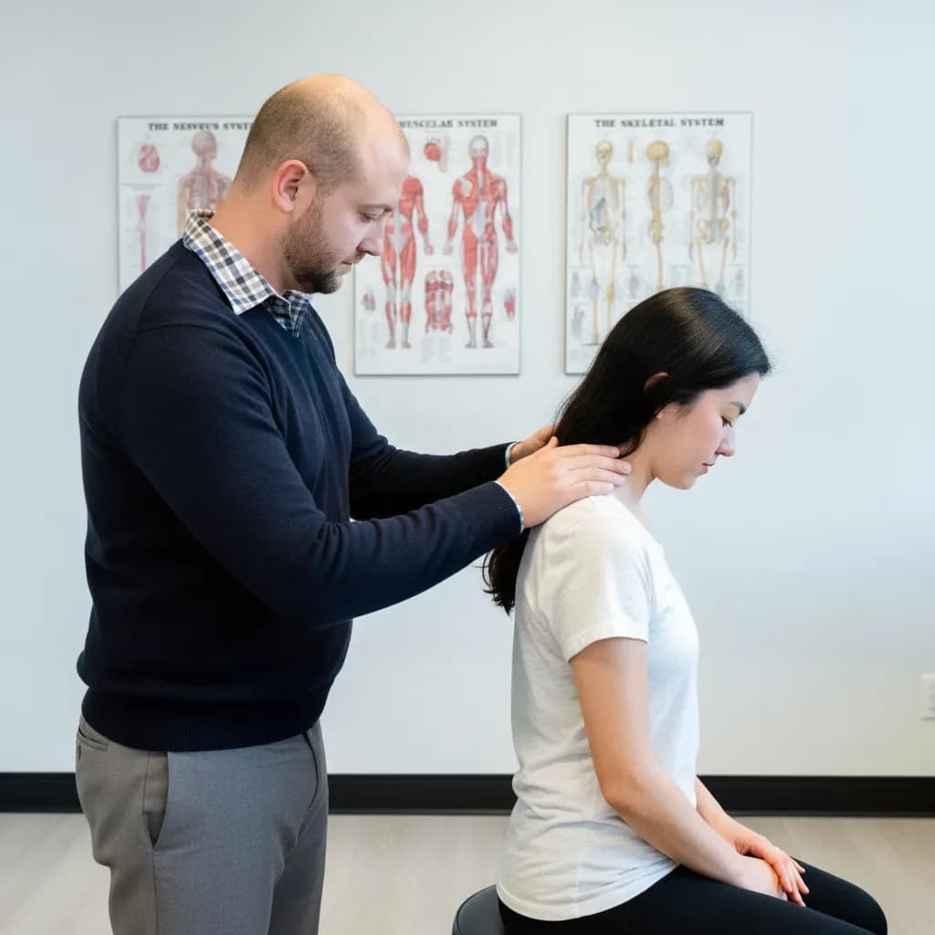 Chiropractor checking a seated patient's forward-head tech-neck posture at Back In Balance Clinic, downtown Toronto