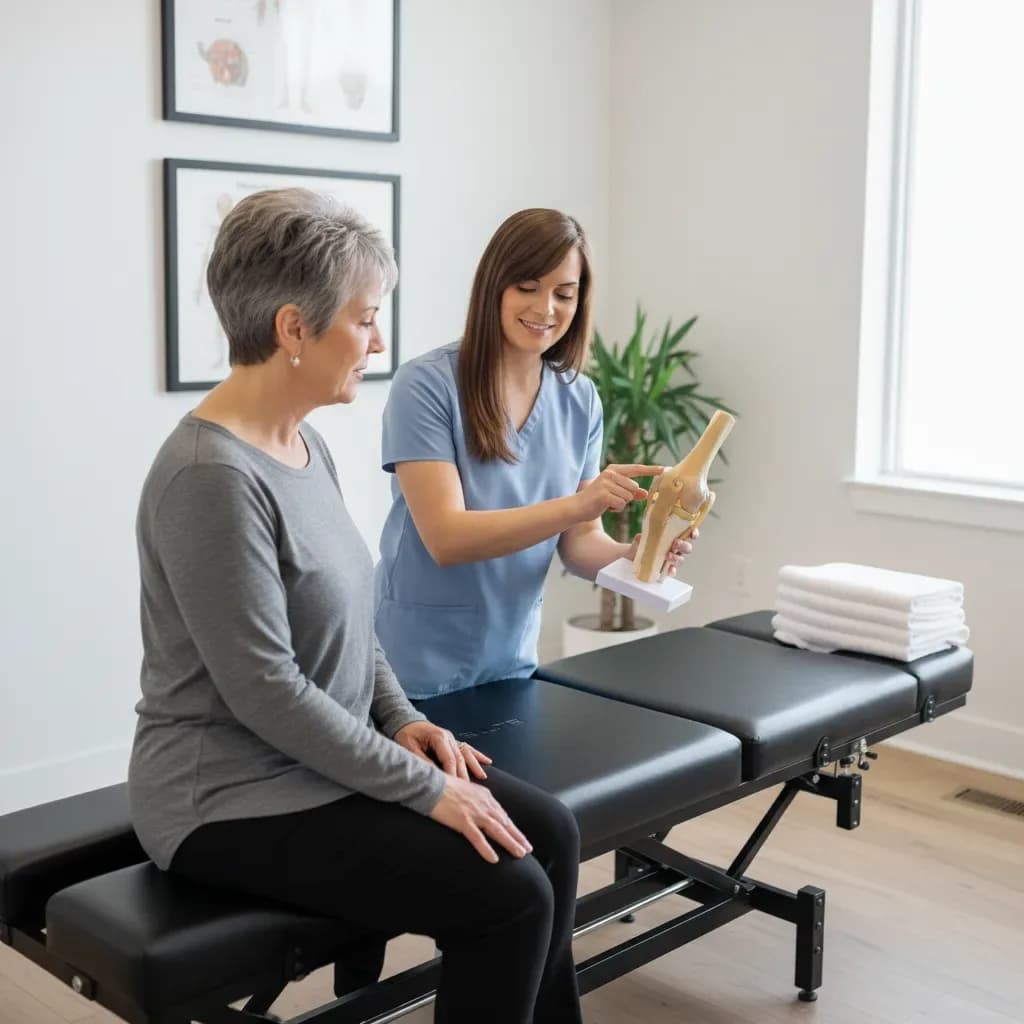 Clinician explaining knee/hip joint anatomy on a model to an older female patient — Back In Balance Clinic, downtown Toronto