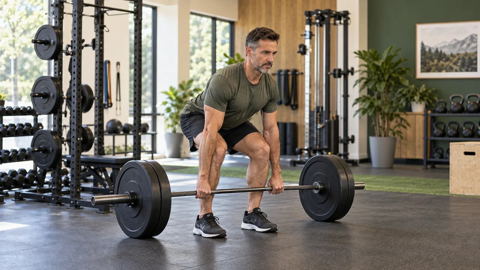 Man performing a barbell deadlift in a bright, modern strength-training gym.