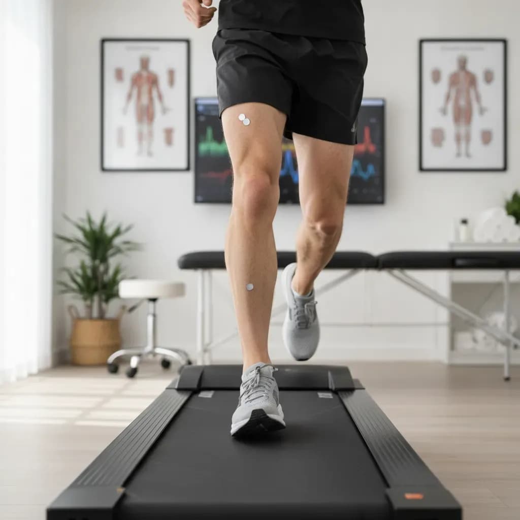 Close-up of treadmill running with motion-capture markers and a screen showing gait data — BACK IN BALANCE Clinic, downtown Toronto