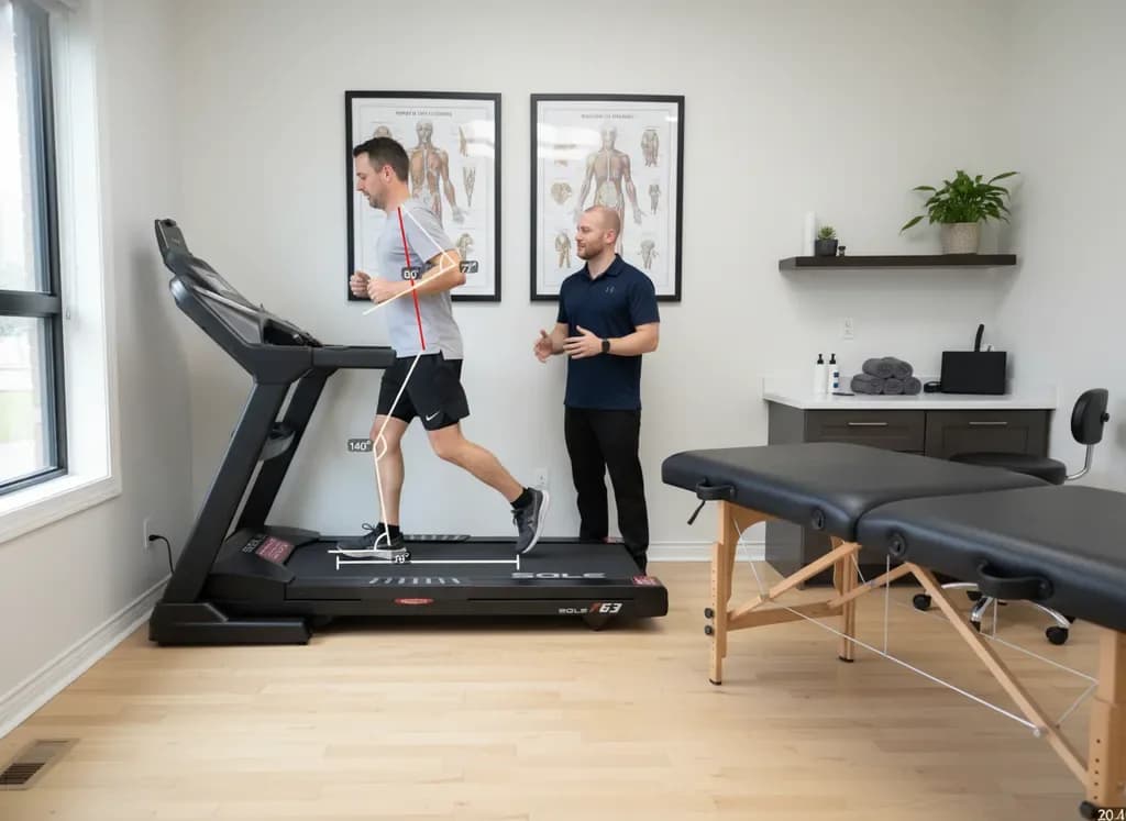 Male Caucasian runner on a treadmill, clinician analysing gait with joint-angle overlay markers on the leg — BACK IN BALANCE Clinic, downtown Toronto